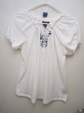 Peasant Blouse, Chaps, Size Large, White/Blue